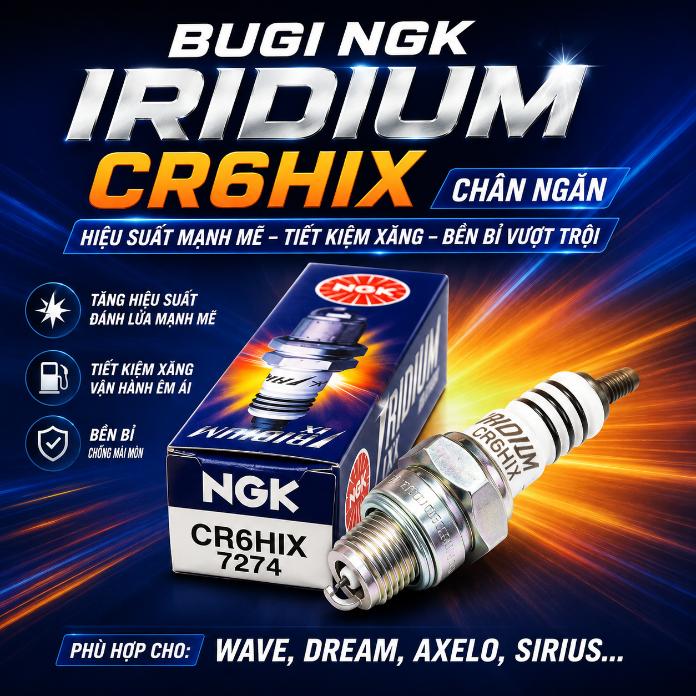 Bugi NGK Iridium CR6HIX chân ngắn cho Wave, Dream, Axelo, Sirius...  020026