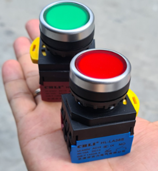 Nút nhấn giữ có đèn Ø25mm, điện áp 220V, tiếp điểm NC (màu đỏ)