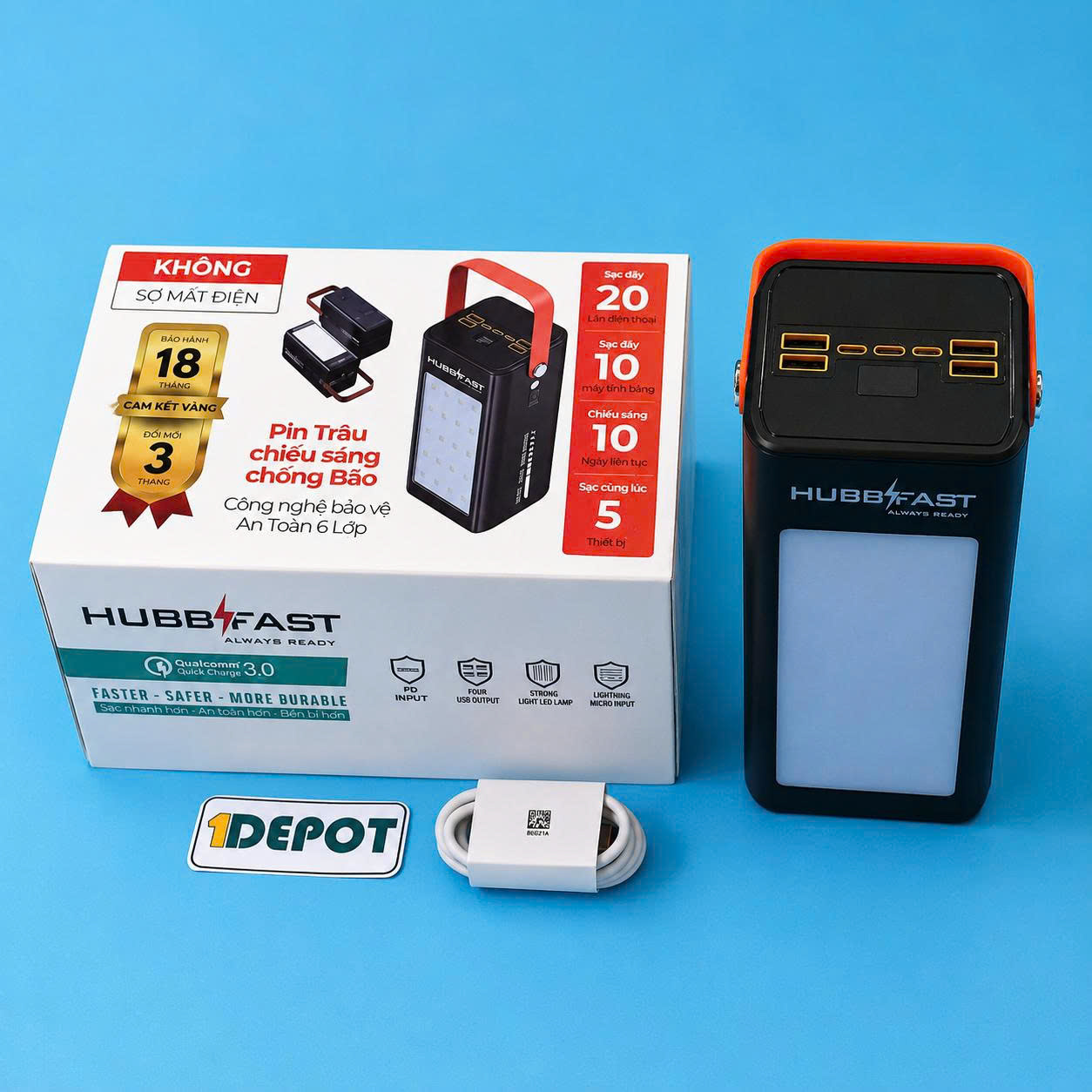 Pin dự phòng HubbFast PD100 80000mAh, có cổng sạc nhanh và màn hình led, màu đen