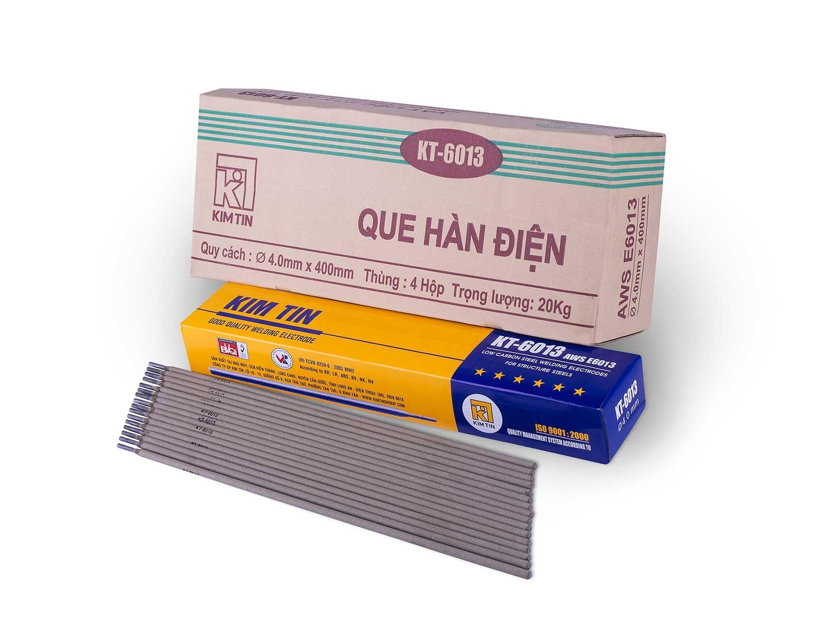 Que hàn sắt 4.0mm Kim Tín KT-6013, kích thước 4.0x400mm, 1 hộp 5kg
