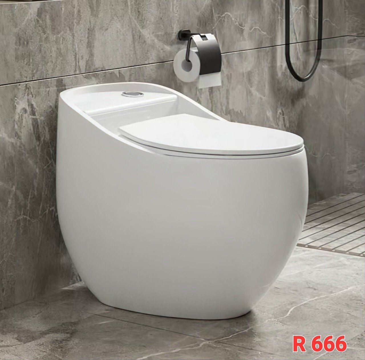 Bồn Cầu Trứng LUCO R-666 Liền Khối, Nút Xả Lệch, Nắp Êm