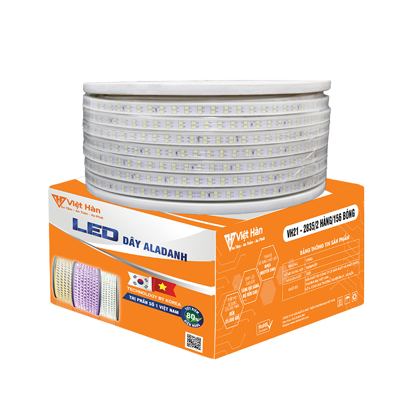Led dây Aladanh Việt Hàn 7-7.5w/m VH21N 2835/2 hàng/156 bóng, điện áp AC220V, ánh sáng trắng