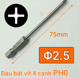 Đầu bắt vít 4 cạnh PH0 Φ2.5 dài 75mm