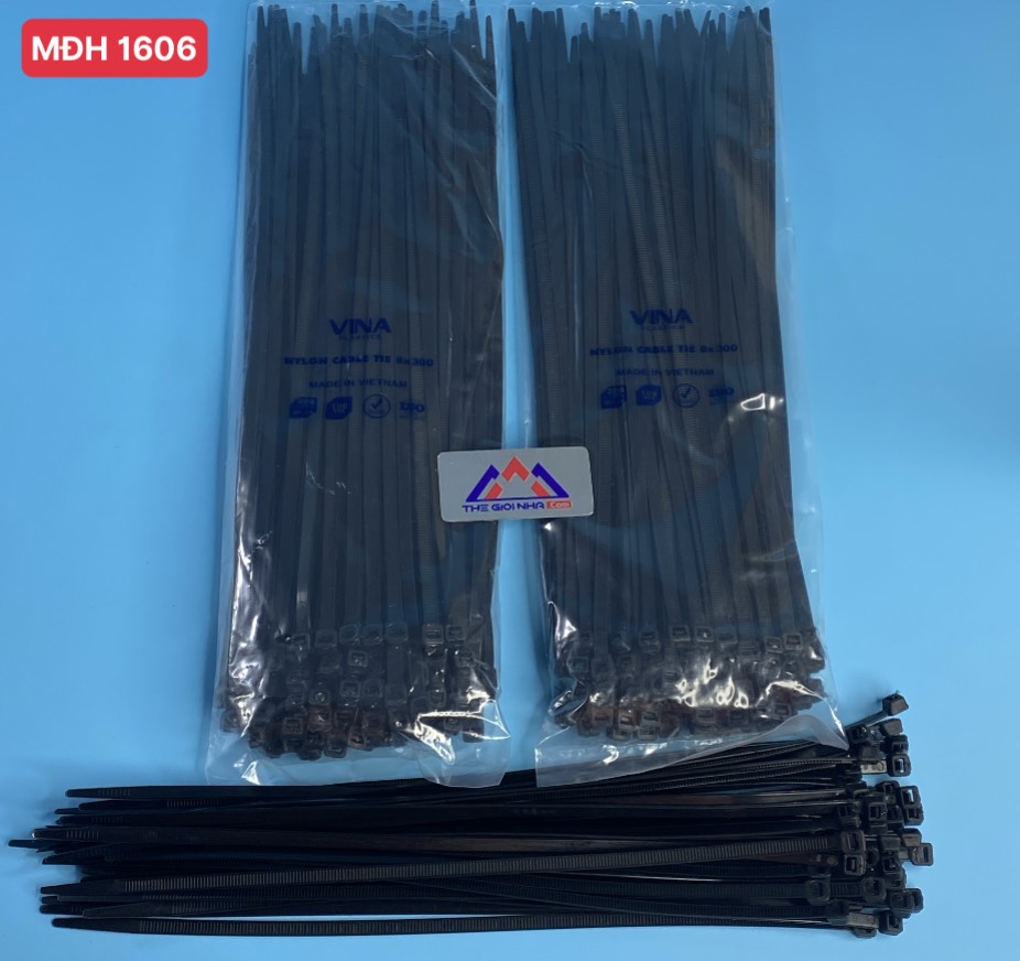Dây rút nhựa 8x300mm, bản rộng 7.6mm,nhựa PA66 màu đen (100 sợi/ gói)