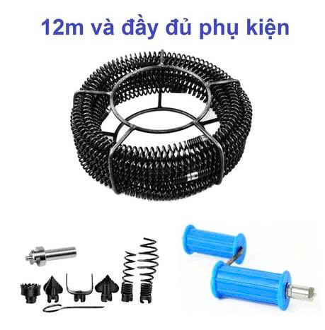 Bộ dây lò xo thông cống 12m phi 16mm – 9 đầu phụ kiện đa năng, bền bỉ