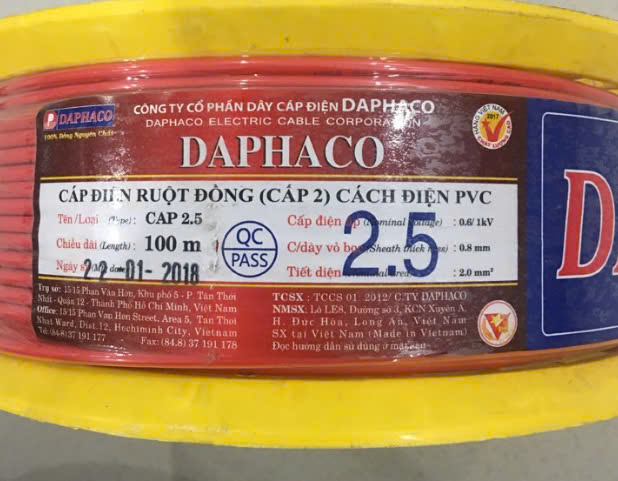 Dây điện đơn CV 2.5 Daphaco màu vàng, 100m/cuộn