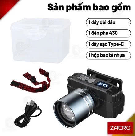 Đèn pin đội đầu Zacro AT-430 – zoom xa, chống nước IPX5, pin 4000mAh, có cáp sạc