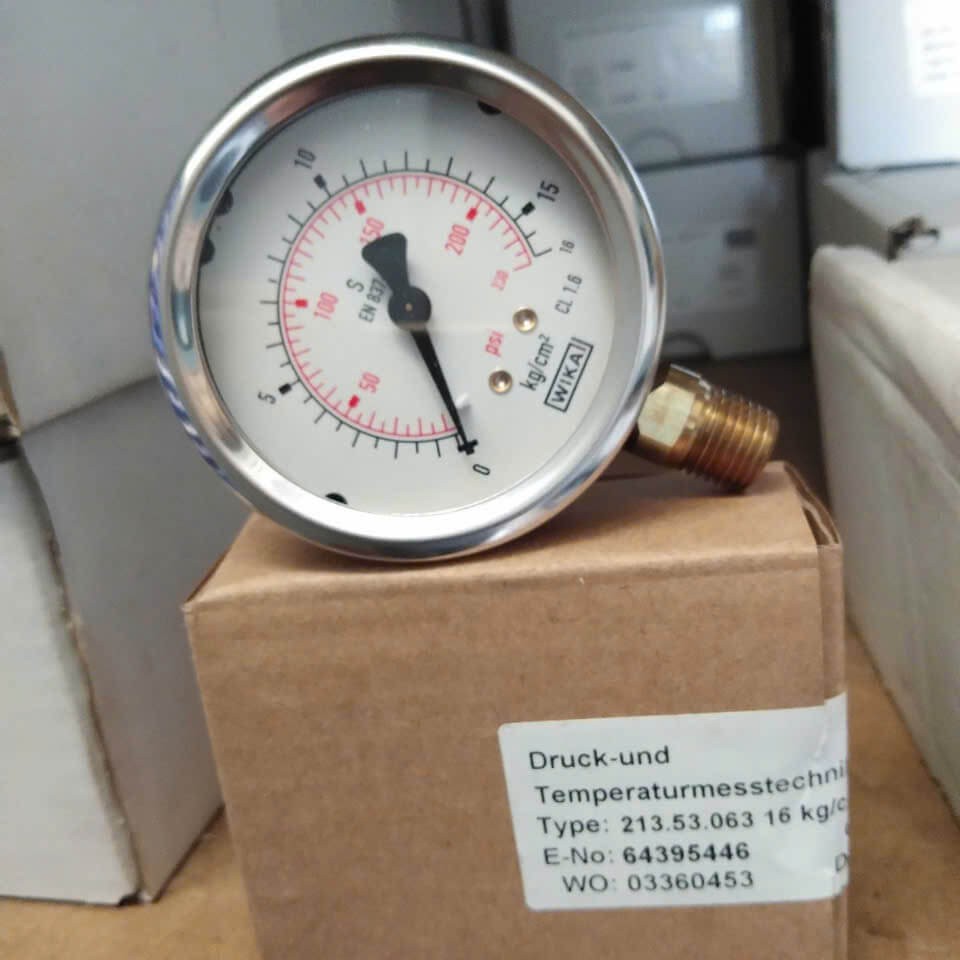 Đồng hồ đo áp suất Wika 213.53.63, 0-10 kg/cm2 , mặt 63mm, kết nối ren 1/4 NPT, kiểu chân đứng inox , có dầu